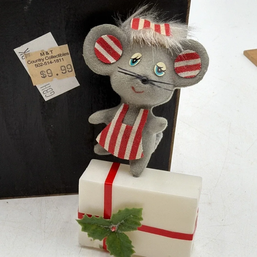Vintage Flocked Mouse Mice MCM Kitschy Ornament Package Tie